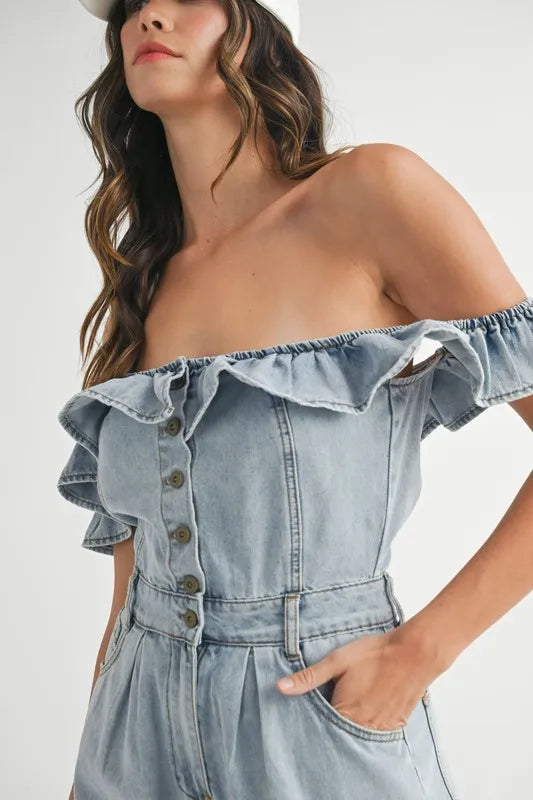 Romantic Ruffle – Off-Shoulder Light Wash Denim Romper with Button Front - Valeori