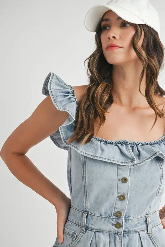 Romantic Ruffle – Off-Shoulder Light Wash Denim Romper with Button Front - Valeori