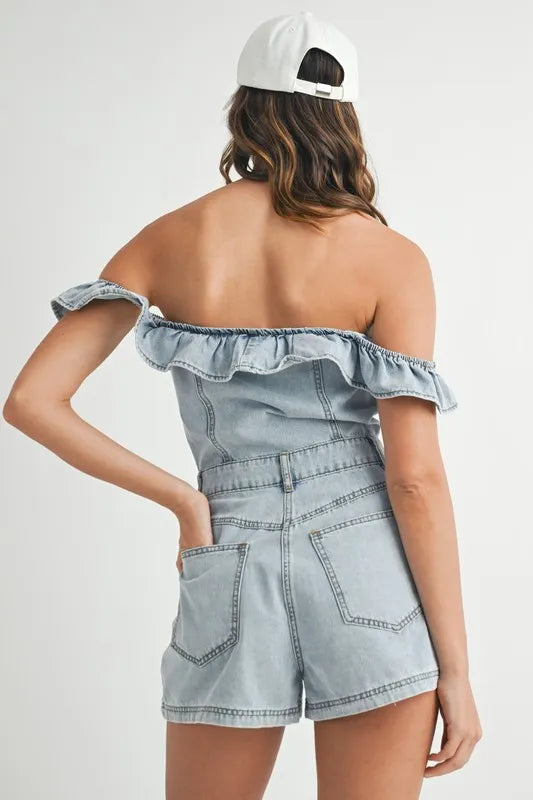 Romantic Ruffle – Off-Shoulder Light Wash Denim Romper with Button Front - Valeori