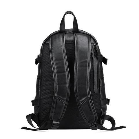 Black backpack shown from the back on a white background