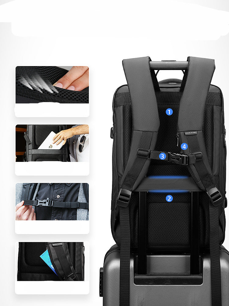 Backpack with multiple straps and buckles on a white background