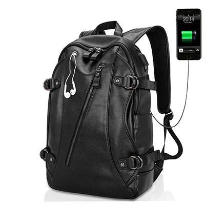 Black backpack with USB port and earbuds, smartphone showing time on white background