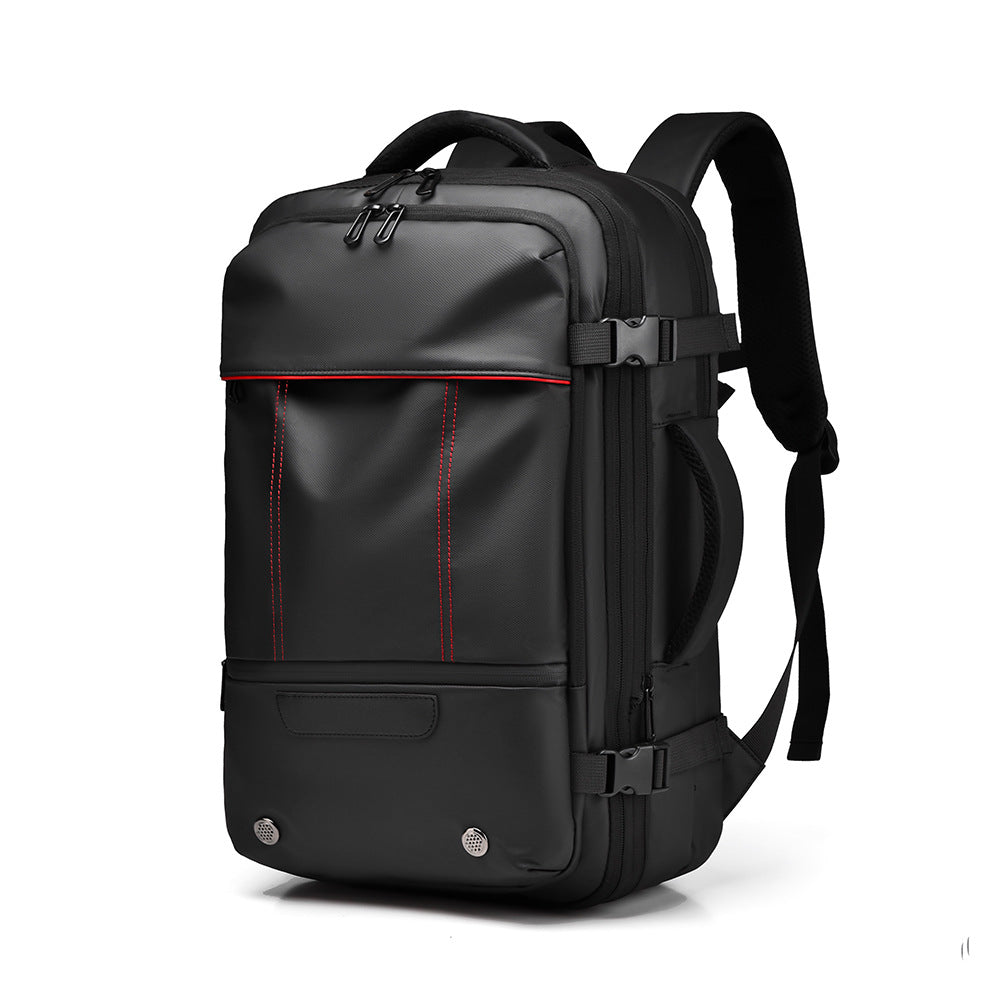 Black backpack with red stitching on a white background