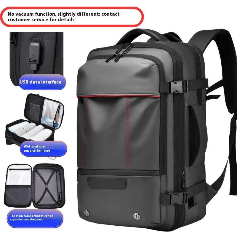 Black backpack with additional accessories on a white background