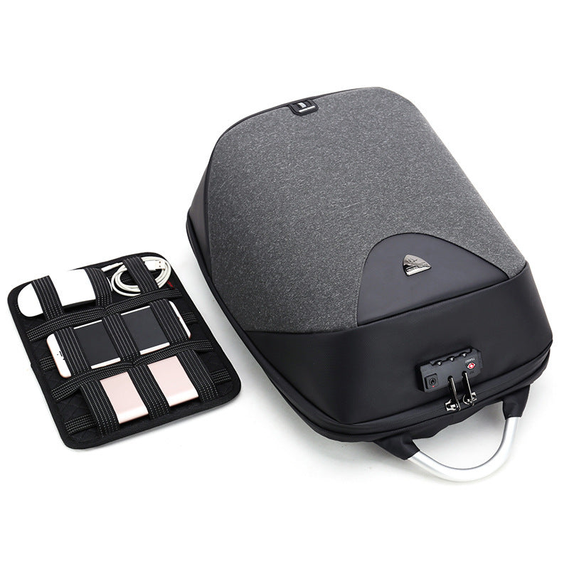Black and gray backpack with a travel organizer on a white background
