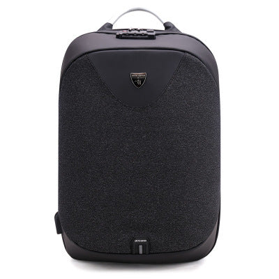 Black backpack with a brand logo on a white background