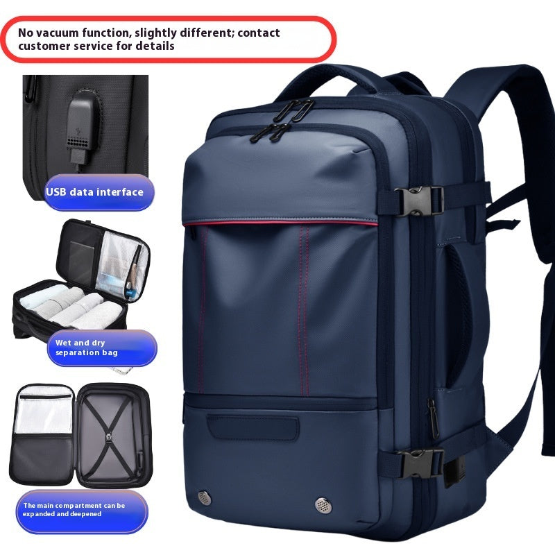 Blue backpack with additional accessories on a white background