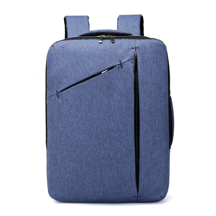 Blue backpack with black zippers on a white background