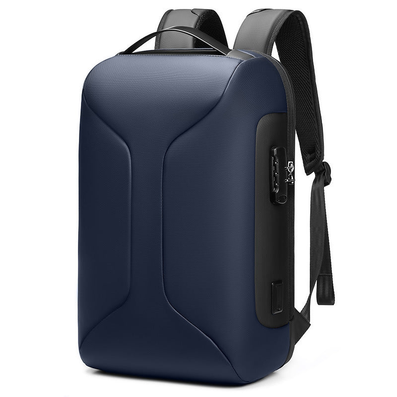 Blue backpack with black straps on a white background