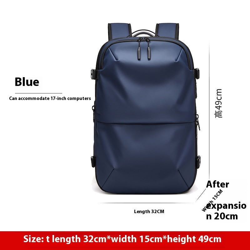 Blue backpack with dimensions and accommodation details on a white background