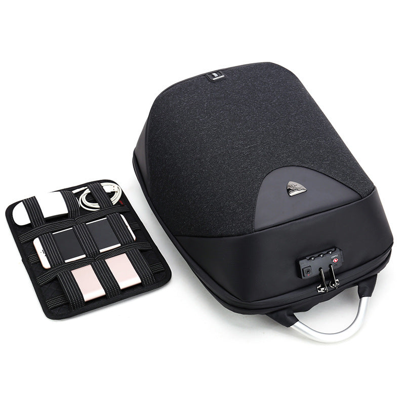 Black backpack with a compartment organizer on a white background