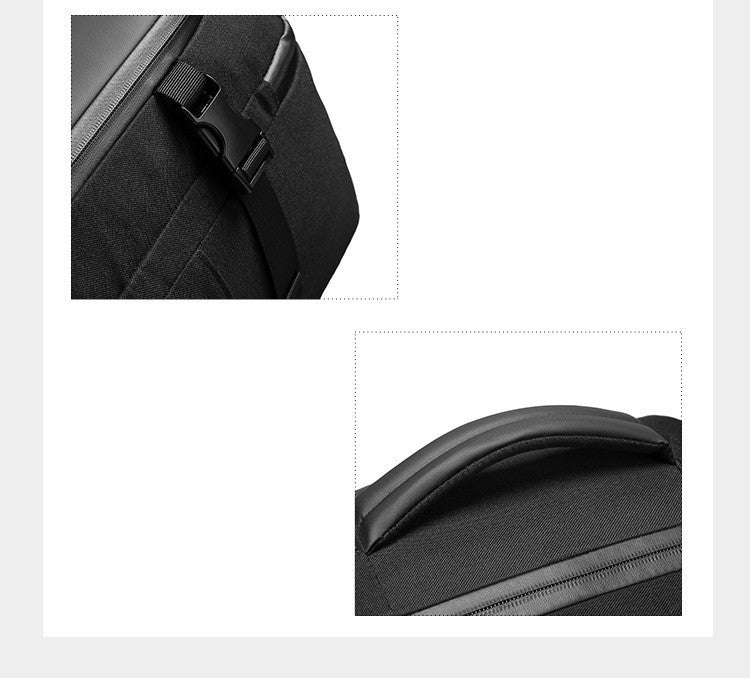 Close-up of a black backpack with zippers and straps on a white background