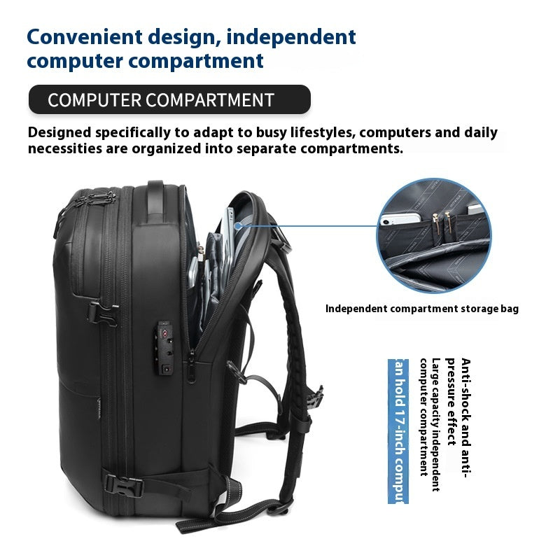 Black backpack with computer compartment feature highlighted on a white background