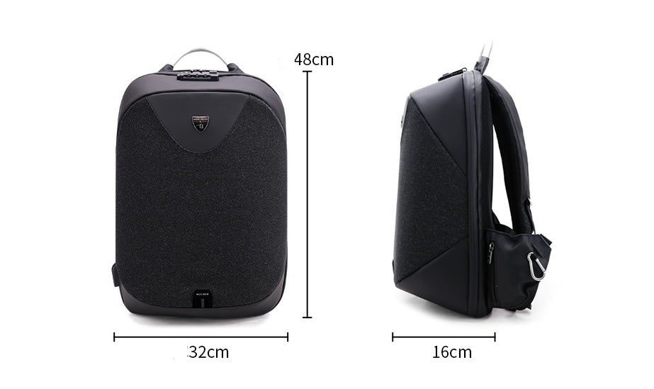 Black backpack with dimensions labeled on a white background