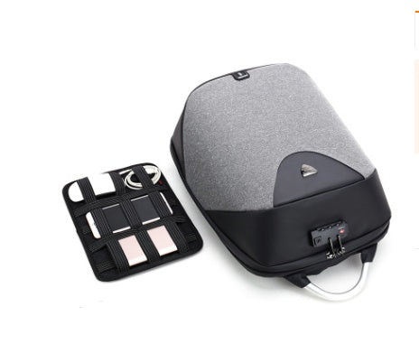 Gray and black backpack with a small black tray on a white background
