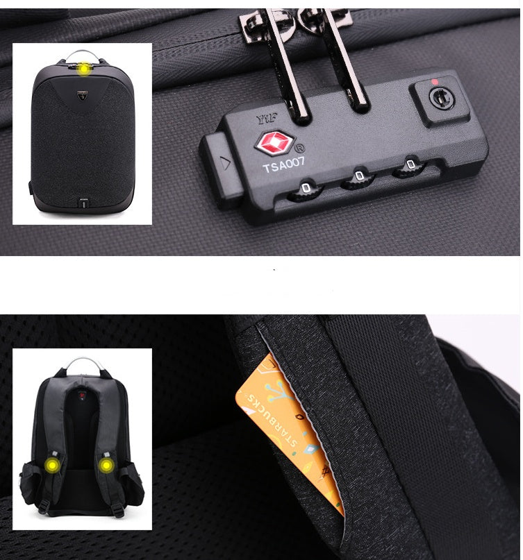 Black backpack with TSA lock mechanism and interior pocket on a textured surface.