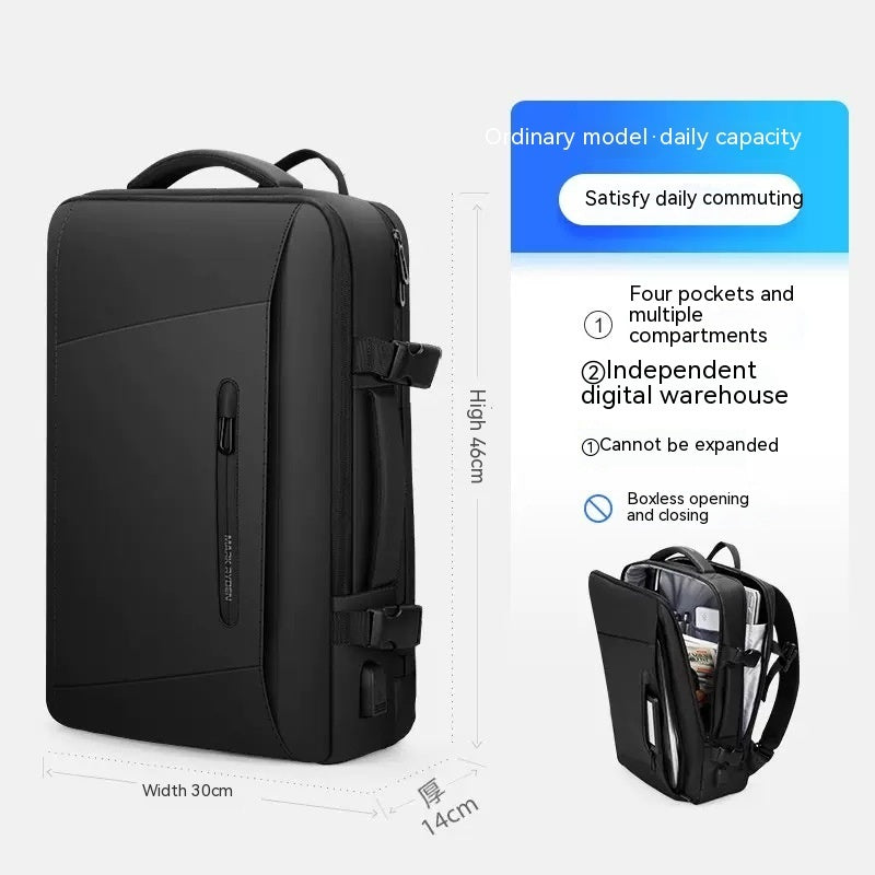 Black backpack with features and specifications on a white background