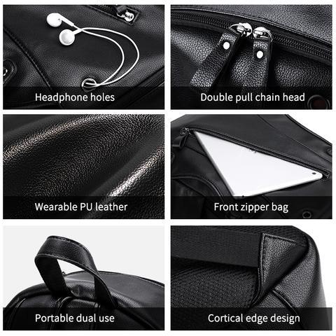Collage of features of a black leather bag including headphone holes, double pull chain head, wearable PU leather, front zipper bag, portable dual use, and cortical edge design.