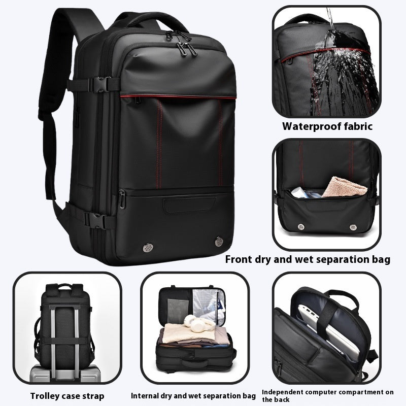 Black backpack with features highlighted on a white background
