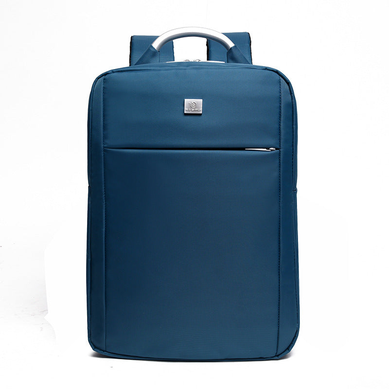 Blue backpack with a brand logo on a white background