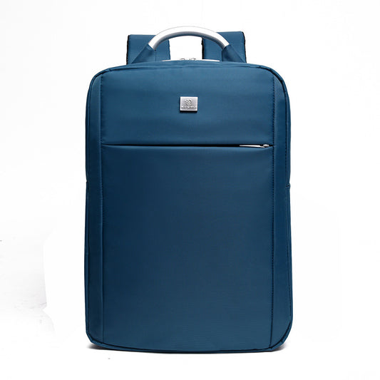 Blue backpack with a brand logo on a white background
