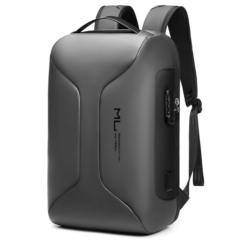 Gray backpack with brand logo on a white background