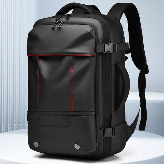 Black backpack with red stitching on a light gray background