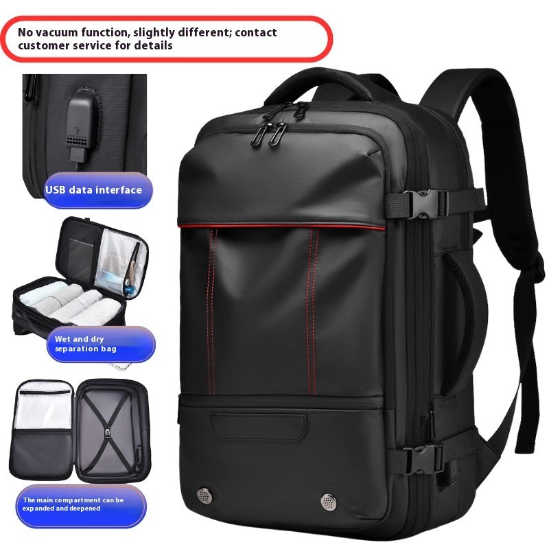 Black backpack with USB data interface and additional bags on a white background