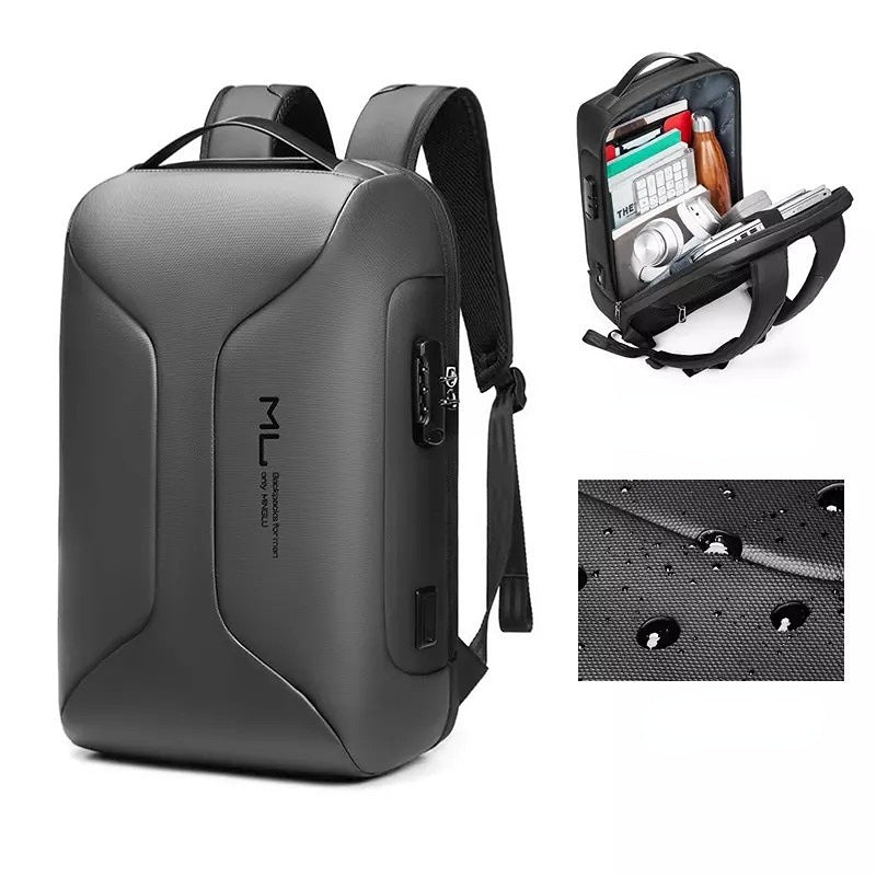 Gray backpack with USB port, front pocket open showing items, and close-up of back panel texture.