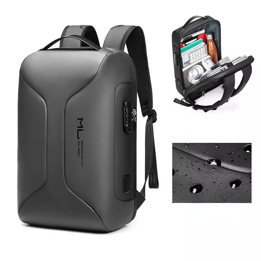 Gray backpack with USB port, front pocket open showing items, and close-up of back panel texture.