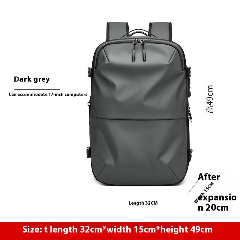 Dark grey backpack with dimensions and expansion capacity details on a white background