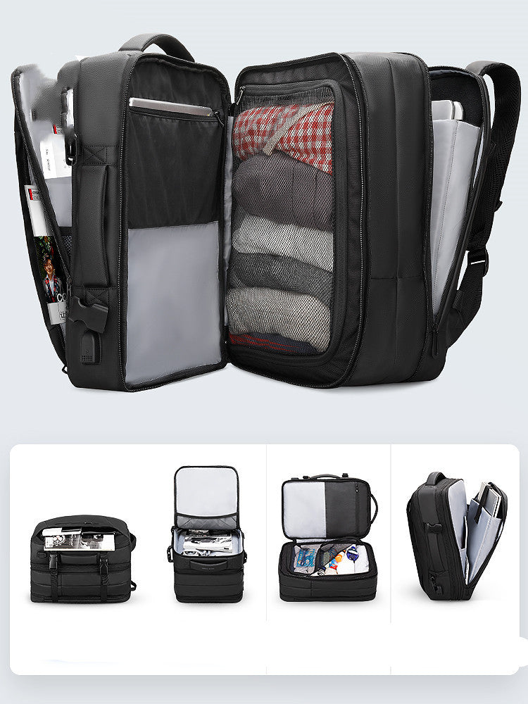 Black backpack with compartments open, showing organized items on a light gray background.