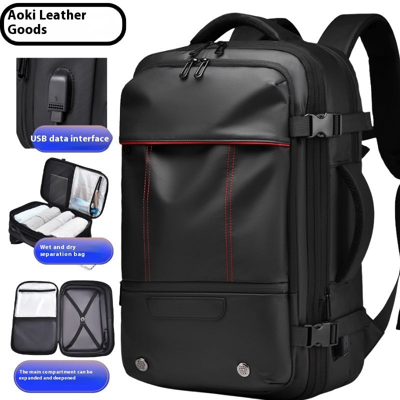 Black backpack with USB data interface and additional bags on a white background, featuring Aoki Leather Goods branding.