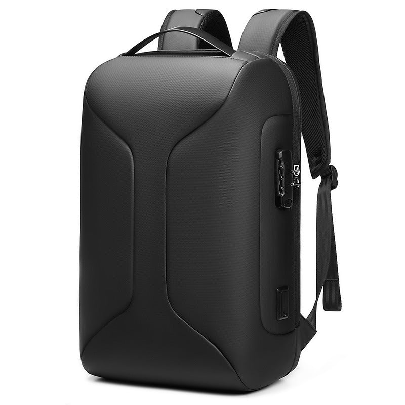 Black backpack with USB port on a white background
