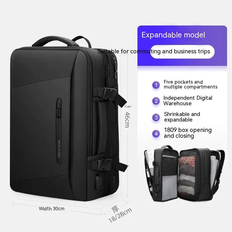 Black backpack with expandable feature, suitable for commuting and business trips, on a white background.