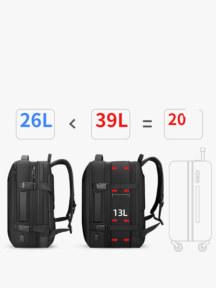 Two backpacks with volume indicators and a suitcase, showing a conversion of volumes.