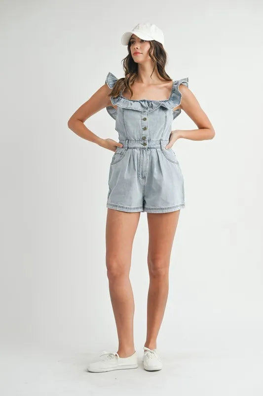 Romantic Ruffle – Off-Shoulder Light Wash Denim Romper with Button Front - Valeori