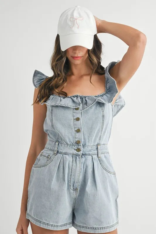 Romantic Ruffle – Off-Shoulder Light Wash Denim Romper with Button Front - Valeori