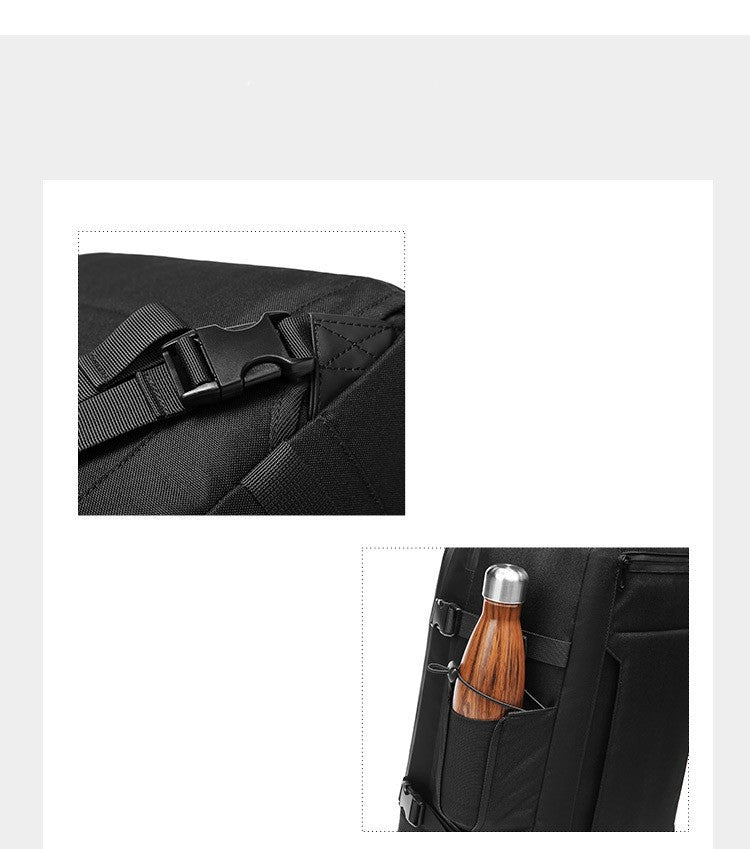 Black backpack with a close-up of a buckle and a water bottle pocket.