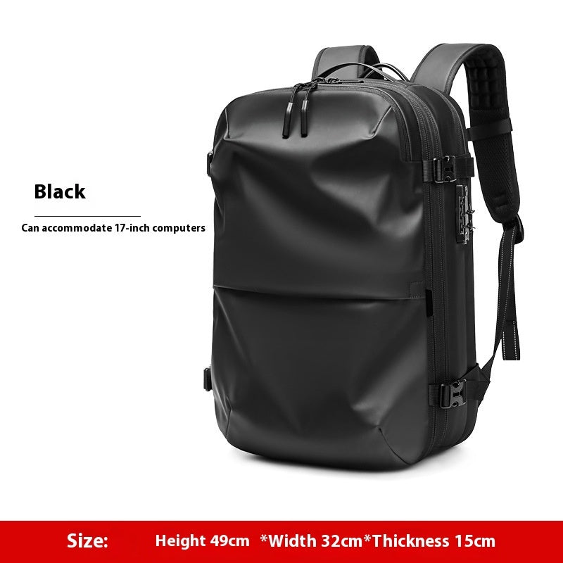 Black backpack with text indicating it can accommodate 17-inch computers and providing dimensions.