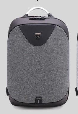 Gray backpack with a brand logo on a light gray background