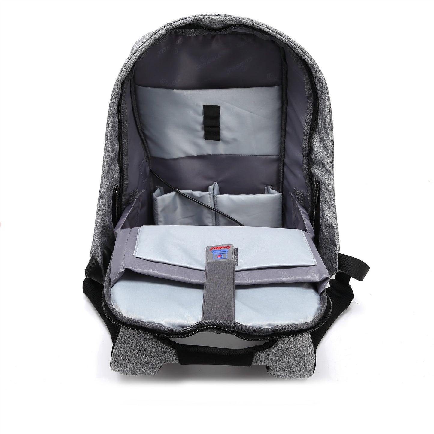 Gray backpack with compartments on a white background