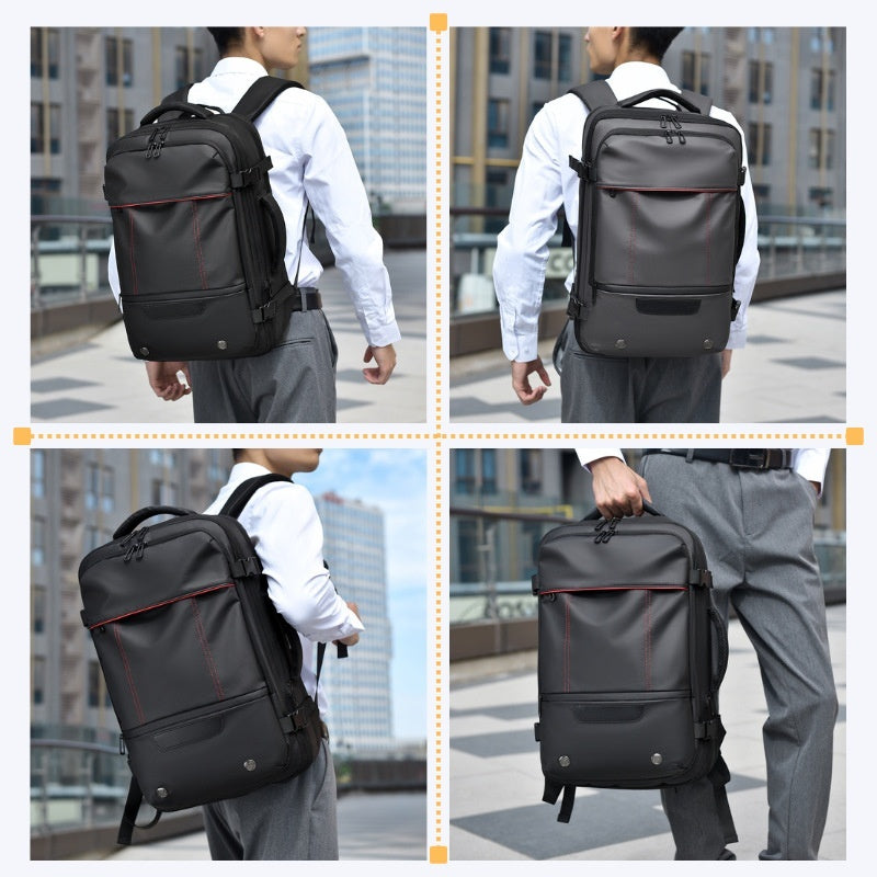 Four views of a person wearing a black backpack in an urban setting.