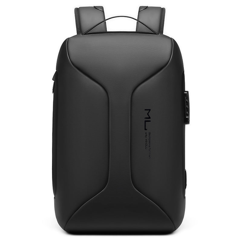 Black backpack with brand logo on a white background