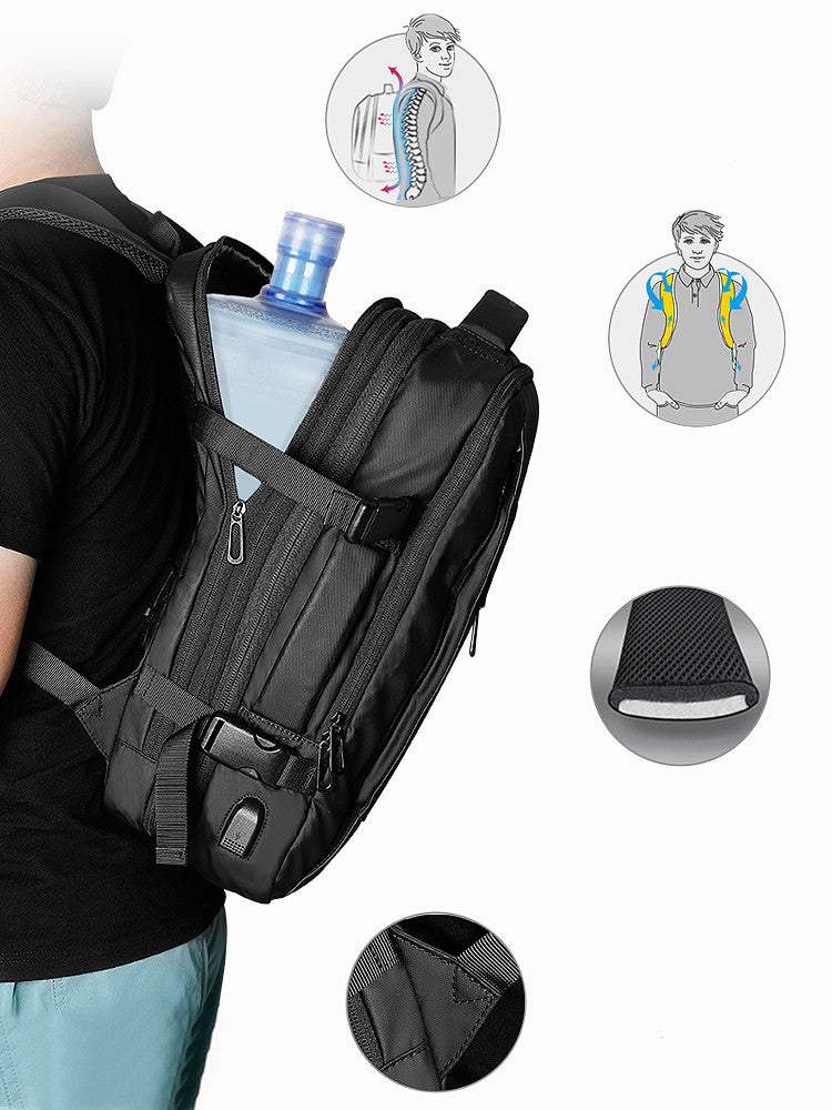 Person wearing a black backpack with water bottle holder, surrounded by insets showing different views and features.