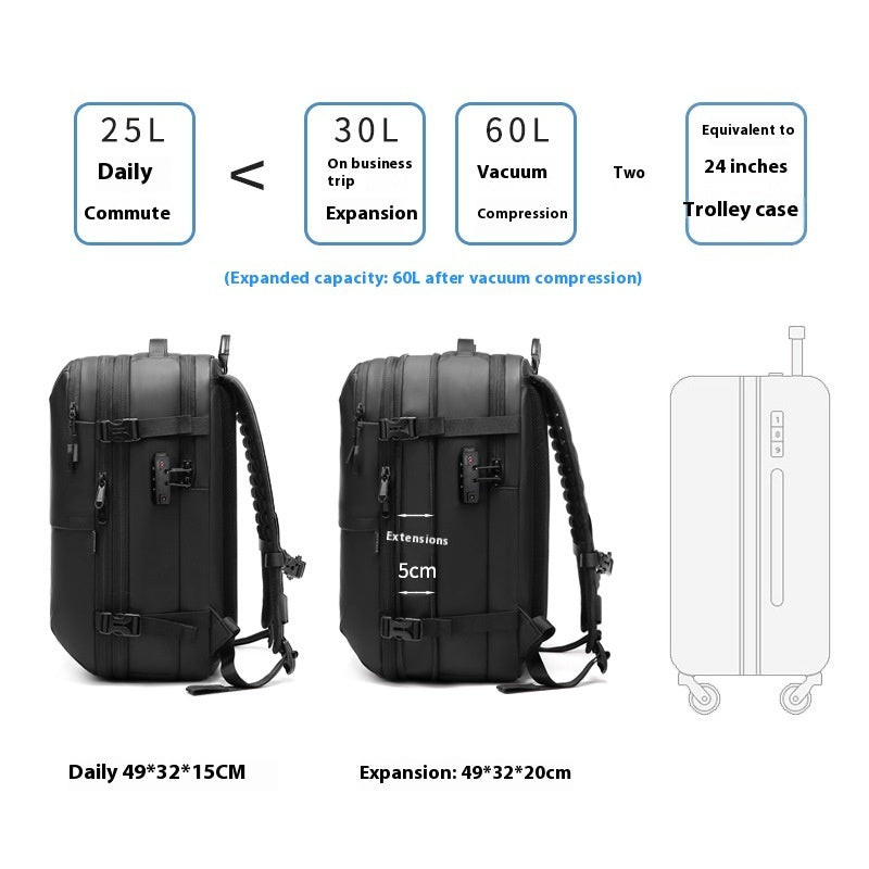 Black backpack with size and capacity information displayed on a white background