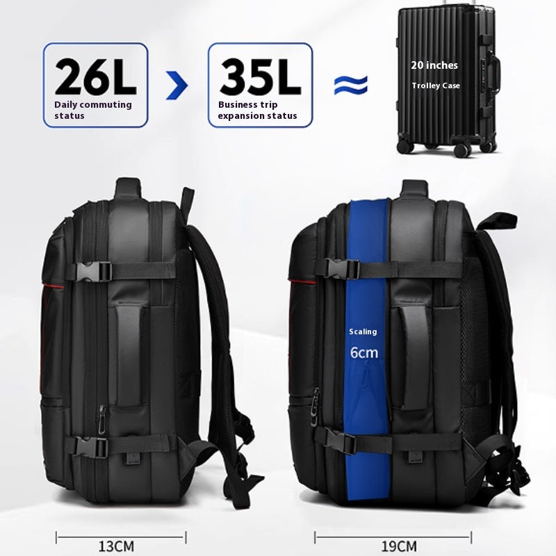 Black backpack with blue accent and suitcase on a white background