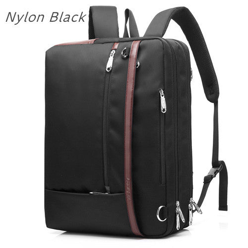 Black backpack with brown accents on a white background